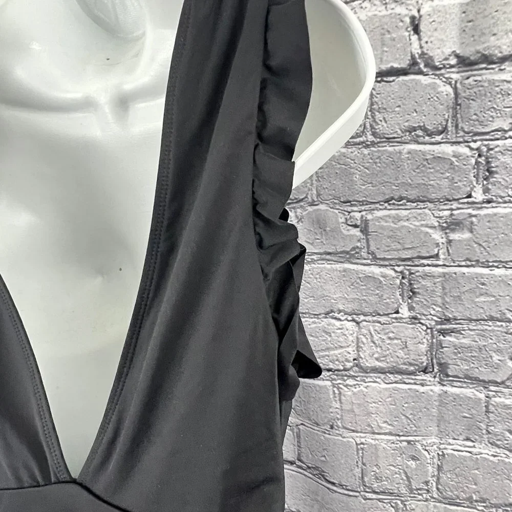 Catalina Swimwear Black‎ 1 Piece Swimsuit Size M Ruffle Smocked Deep Plunge NWT
